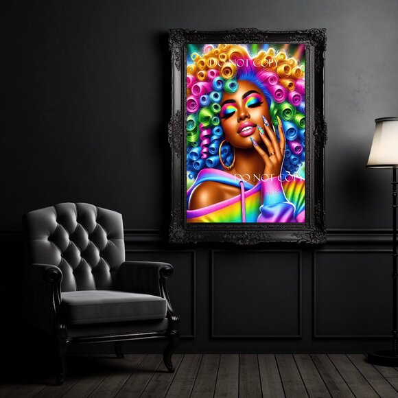 Colorful Afro Woman Pop Art – Vibrant Rainbow Curly Hair 8.5x11 Black Frame - Picture 4 of 7